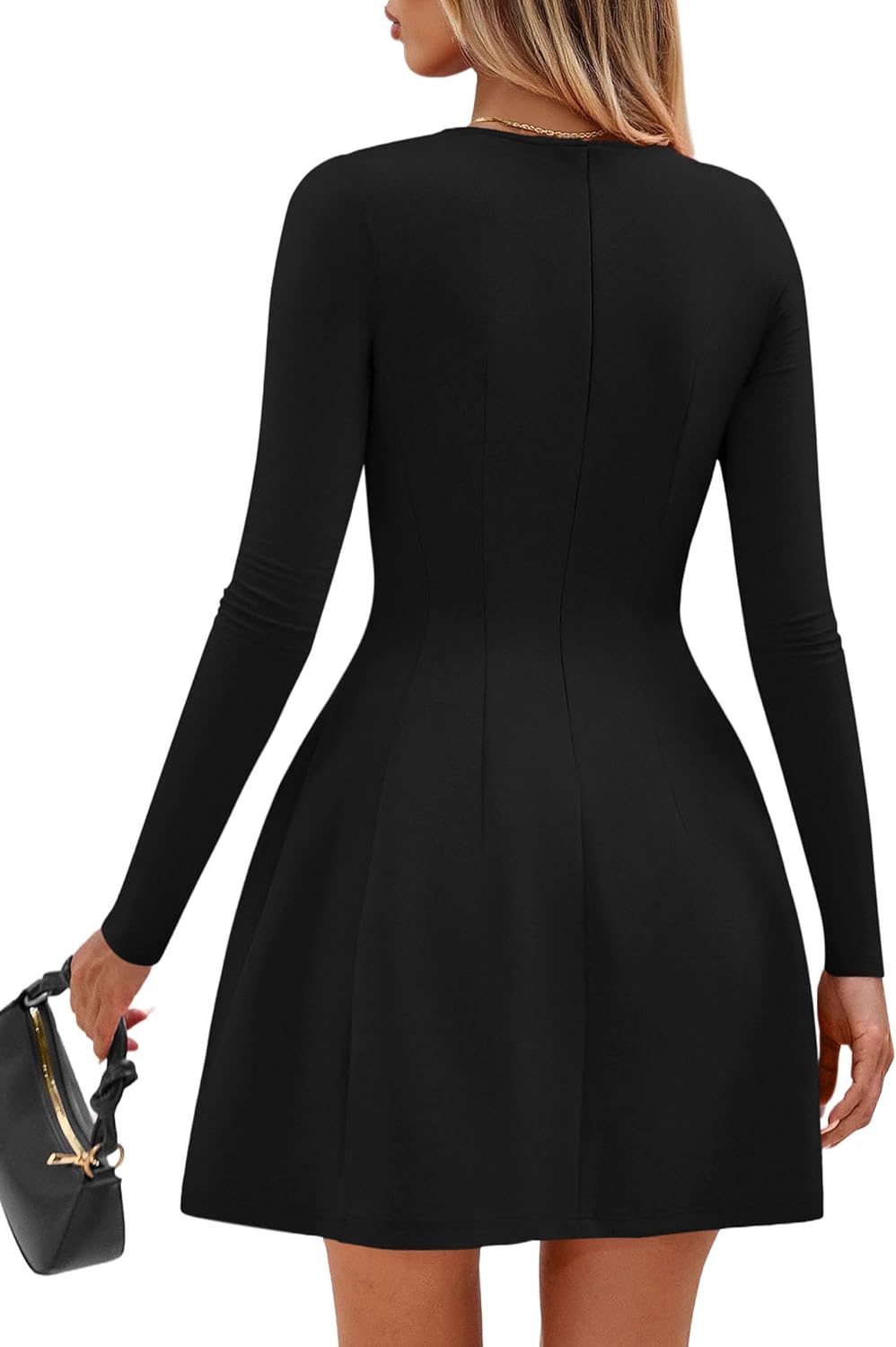 PRETTYGARDEN Long Sleeve Mini Dress for Women 2026 Spring Crewneck Knit Pleated Babydoll A Line Casual Short Party Dresses