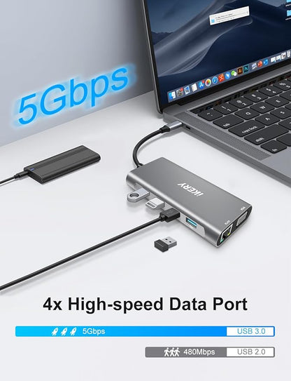 IKERY 11 in 1 USB C Hub, 4K HDMI & 1080P VGA, 100W PD Charging, RJ45 Ethernet, SD/TF Card Reader, 3.5mm Audio, USB 3.0/2.0 Ports for Laptop/MacBook Pro/Air
