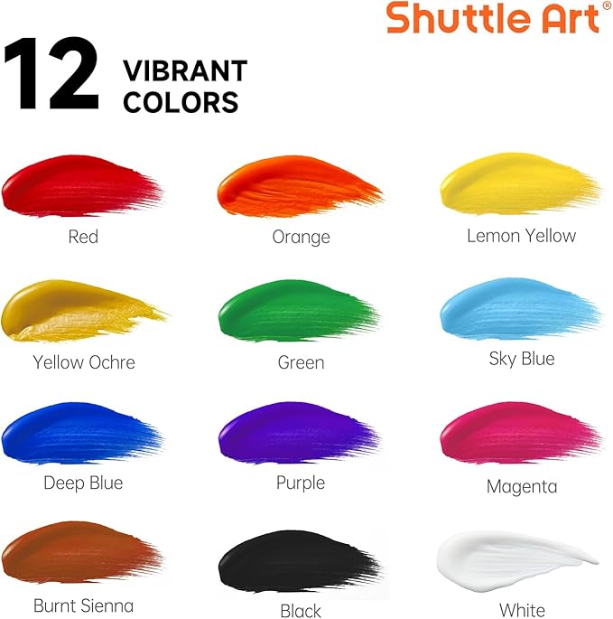 Shuttle Art Acrylic Paint, 12 Colors Acrylic Paint Large Bottle Set, 473ml/16oz Each, Rich Pigments, High Viscosity, Bulk Paint for Artists, Beginners and Kids on Rocks Crafts Canvas Wood Ceramic