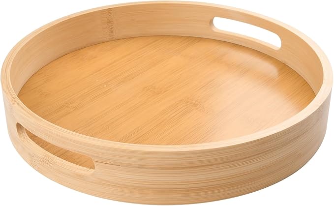 12 inch Round Serving Wooden Tray with Handles, Bamboo Decorative Ottoman Tray Serving for Serving Beverages  Food on Bar Living Room Home Dining Table.