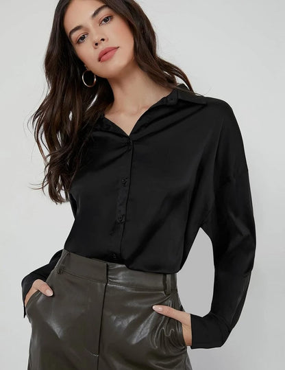 Chigant Women's Satin Long Sleeve Button Down Blouse