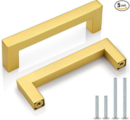 Probrico Gold Cabinet Handles 3-34 Inch(96mm) Hole Centers Drawer Pulls Stainless Steel Kitchen Cabinet Handles Golden Square Drawer Handles Modern Cabinet Hardware 5 Pack