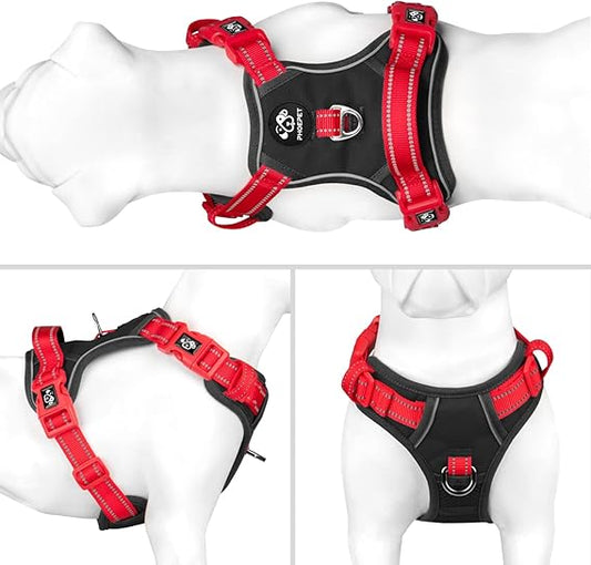PHOEPET No Pull Dog Harness, Unique Colors Reflective Adjustable Dog Vest, with Soft Training Handle Metal Clips for Small Medium Large Dogs (Black Base  Red Straps,L)