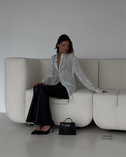 MINTLIMIT Women's Sequin Shirt Open Front Long Sleeve Collared Shirt Loose Blouses Glitter Button Down Shirt Tops