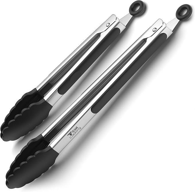 Tribal Cooking Stainless Steel Tongs - 9" and 12" With Silicone Tips, Locking BBQ Tongs