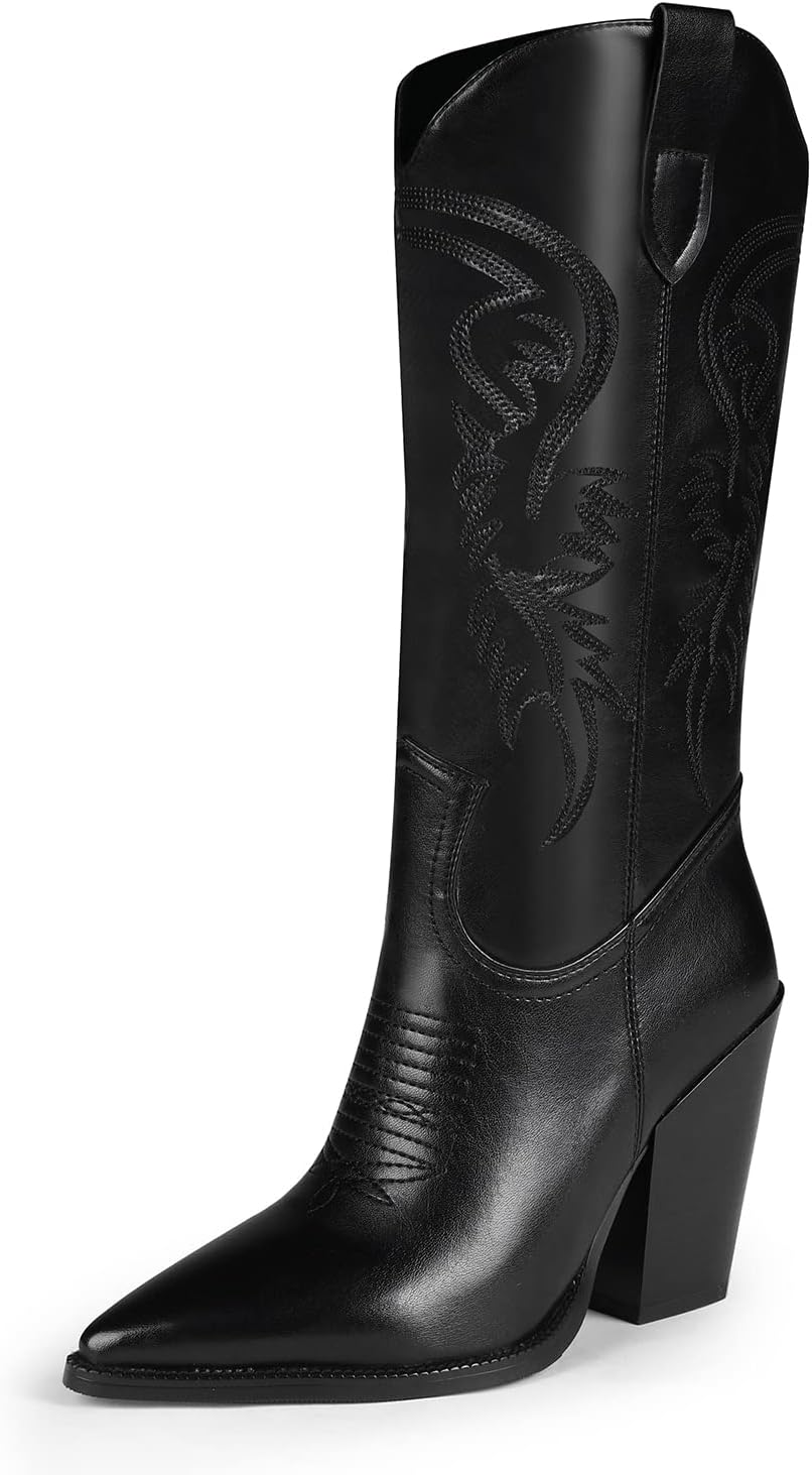 ISNOM Cowboy Boots Cowgir Boots for Women, Pointed Toe Chunky Heel Western Boots