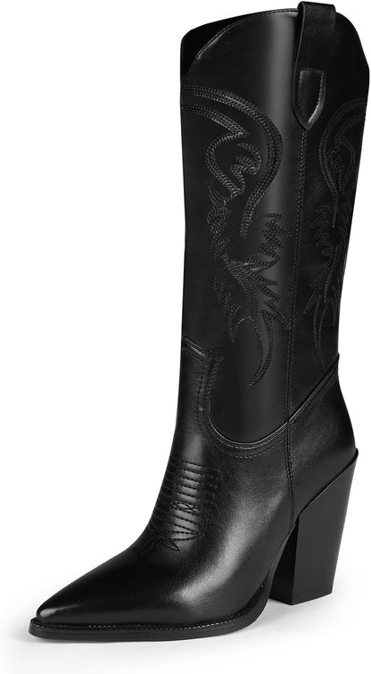 ISNOM Cowboy Boots Cowgir Boots for Women, Pointed Toe Chunky Heel Western Boots