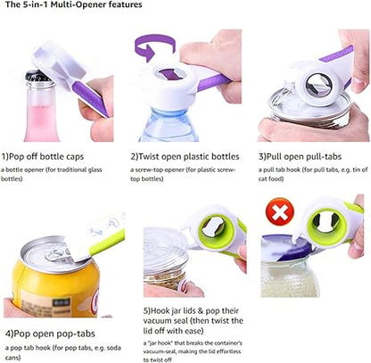 Bottle Opener Set,2Pcs Inclinding 5-in-1 and 6-in-1, Can, Soda, and Jar Openers, Twist Off Lid  Jar Opener for Seniors and Arthritic Hands (White Purple)