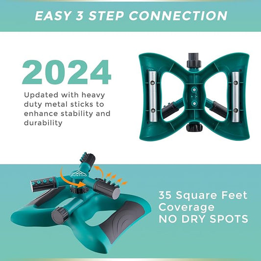 2 Pack Heavy Duty 3-Arm Lawn Sprinkler, Rotating 360 Degrees for Wide Area Coverage, Yard Sprinklers with Two Types of Hose Connectors - Green
