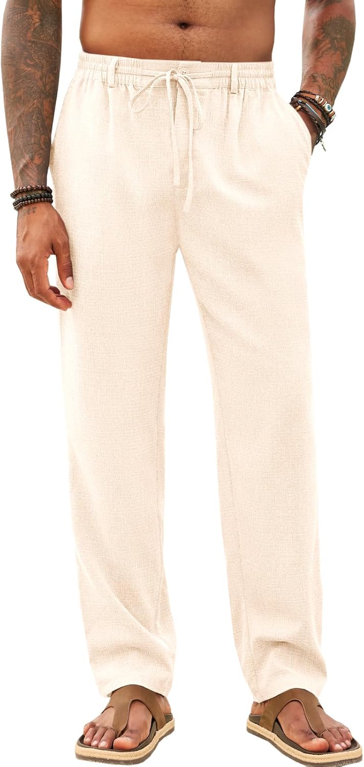 Runcati Mens Casual Pants Linen Elastic Waist Drawstring Lightweight Pants Loose Fit Summer Beach Yoga Trouser.