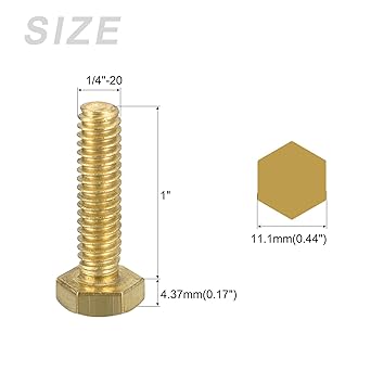 METALLIXITY Hex Head Screw Bolt (14-20x1") 5Pcs, Brass Fully Threaded Solid Brass Hex Bolts Machine Screws - for Machinery Repair