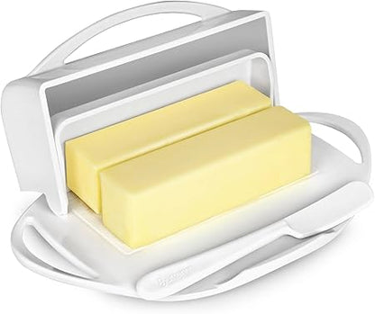 Butterie Flip-Top Butter Dish with Lid  Matching Knife, Holds 2 SticksKerrygold Butter, No-Mess Butter Holder, Shatterproof, Dishwasher Safe, White