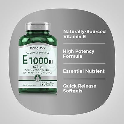 Piping Rock Vitamin E 1000 IU Softgels  120 Count  with D-Alpha and Mixed Tocopherols  Gluten Free, Non-GMO Supplement