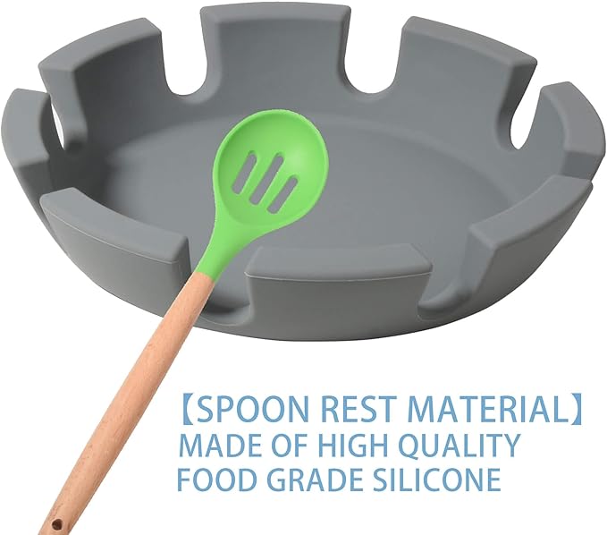 Large Silicone Multi-Spoon Rest, Baking Tool Holder, Utensil Holder for Spatulas, Tongs, Ladles Placing for Stove Top, Kitchen Counter- Multifunction Kitchen Gadgets (Grey)