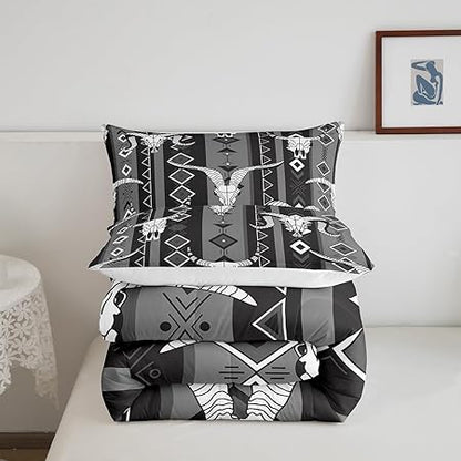 Western Boho Bedding Sets Queen Bull Skull Cowboy Quilt Set Black White Grey Southwestern Aztec Comforter Set for Teen Boys Men Ethnic Tribal Geometric Diamond Duvet Insert Southwest Room Decor 3 Pcs