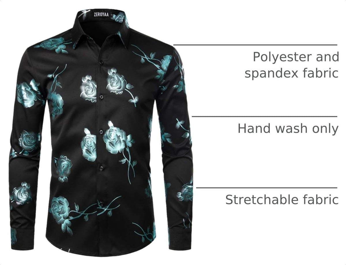 Mens Hipster 3D Golden Rose Floral Printed Slim Fit Long Sleeve Button Down Dress Shirts