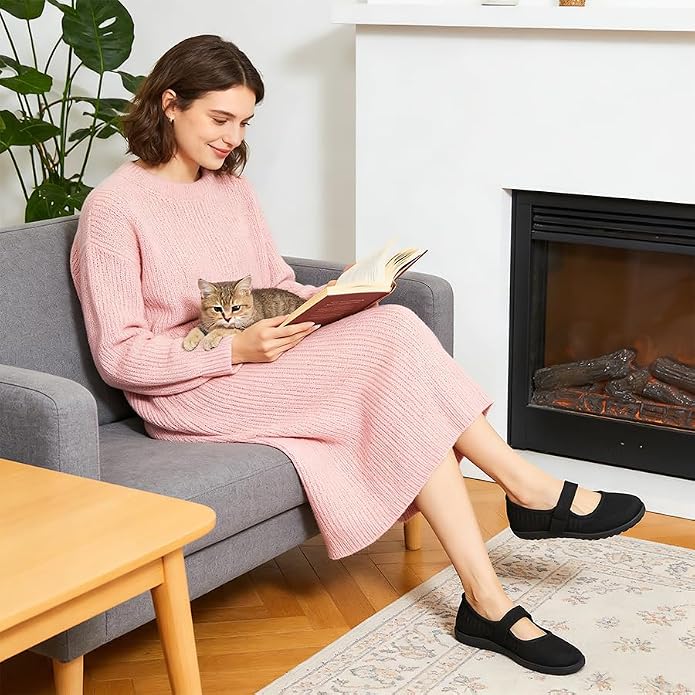 Waluzs Wide Toe Box Flats Shoes Women Knit Ballet Flats Mary Jane Dress Flat Wide Width Walking Shoes Slip-on with Strap.