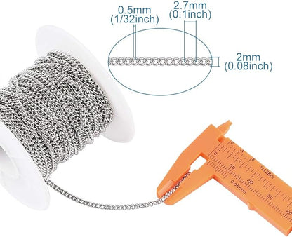 Pandahall 32.8 Feet 304 Stainless Steel Curb Chains 2.7x2x0.5mm Metal Link Chain Unwelded Jewelry Chains for DIY Bracelet Necklace Jewelry Making