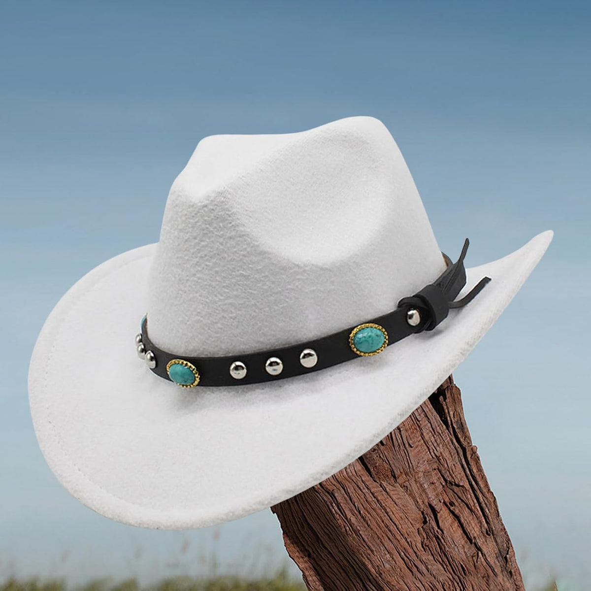 Cowgirl Cowboy Hat Women Men Vintage Wide Brim Fedora Hat, White belt with Turquoise stones