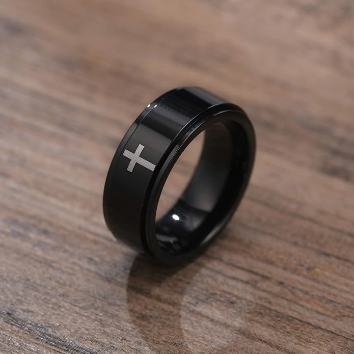 6mm/8mm Titanium Steel Black/Silver/Gold Fidget Ring Engraved Small Cross Stainless Steel Spinner Rings Stress Relieving Anxiety Ring Engagement Wedding Promise Band for Women Men Size 5-15