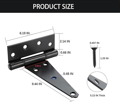 HOME MASTER HARDWARE 10 Inch T-Strap Heavy Duty Black Hinges for Outdoor Barns and Wooden Fences, 2Pack with Screws