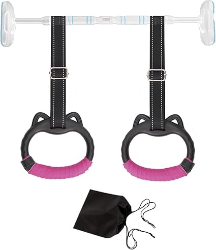JIANWEI Gymnastics Rings Set for Kids, Professional Children Trapeze Bar Pull Up Rings with Straps Kids Playground Home Exercise Gym Rings with Drawstring Bag for Children Exercise(Pink)