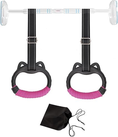 JIANWEI Gymnastics Rings Set for Kids, Professional Children Trapeze Bar Pull Up Rings with Straps Kids Playground Home Exercise Gym Rings with Drawstring Bag for Children Exercise(Pink)