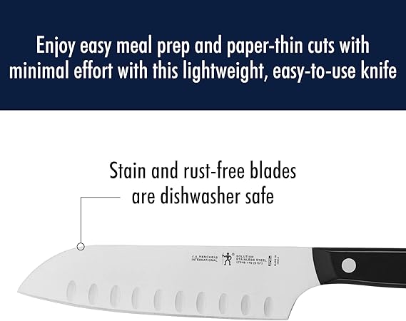 HENCKELS Solution Razor-Sharp Hollow Edge Santoku Knife 5.5 inch, German Engineered Informed by 100 Years of Mastery, BlackStainless Steel