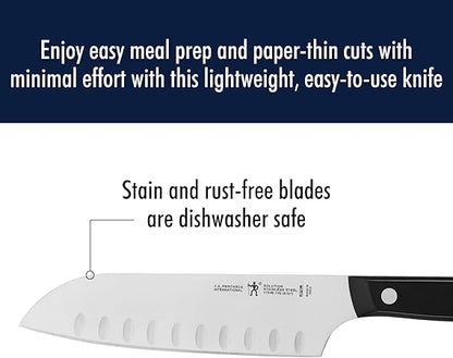 HENCKELS Solution Razor-Sharp Hollow Edge Santoku Knife 5.5 inch, German Engineered Informed by 100 Years of Mastery, BlackStainless Steel