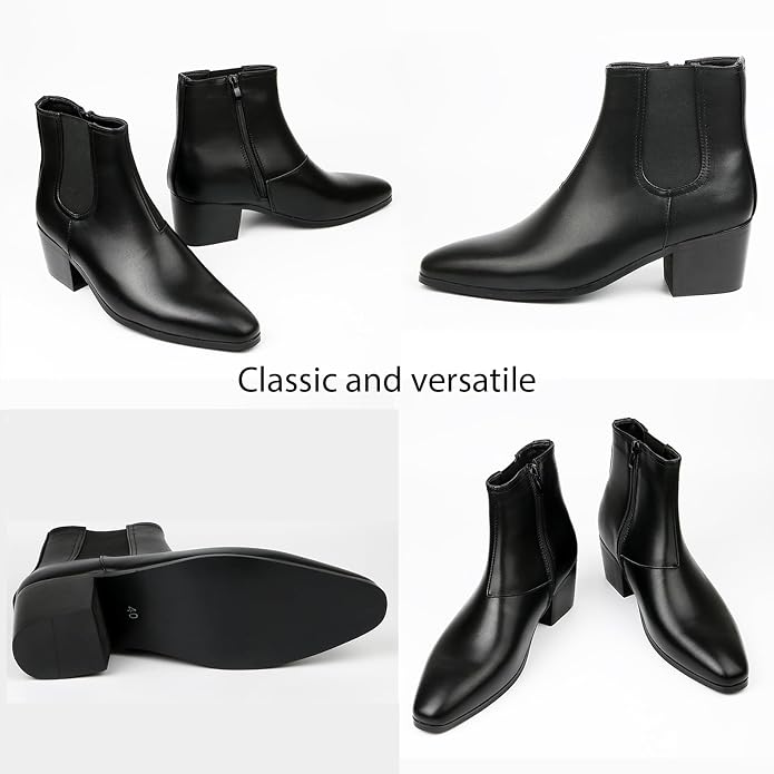 Size 45-Eu QEOSNBX Men'S Classic Leather Chunky Heel Chelsea Boots With Side Zipper Fashion Pointed Toe Elastic Band High Top Block High Heel Formal Chukka Booties For Casual Business Party Wedding