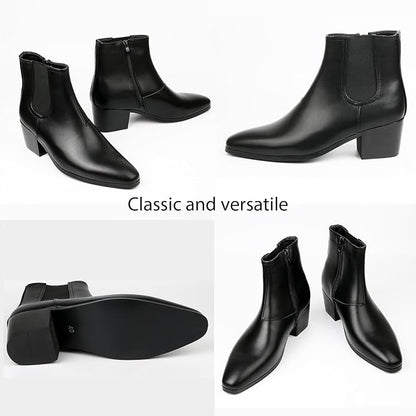 Size 45-Eu QEOSNBX Men'S Classic Leather Chunky Heel Chelsea Boots With Side Zipper Fashion Pointed Toe Elastic Band High Top Block High Heel Formal Chukka Booties For Casual Business Party Wedding