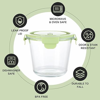1-Cup24 Ounce Glass Food Storage Containers, Round Glass Soup Container with Airtight Lids, Leak-proof Soup Stew Food Storage and Meal Prep Container, Microwave Freezer Safe, 1pcs(Green)