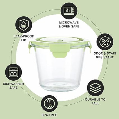 1-Cup24 Ounce Glass Food Storage Containers, Round Glass Soup Container with Airtight Lids, Leak-proof Soup Stew Food Storage and Meal Prep Container, Microwave Freezer Safe, 1pcs(Green)