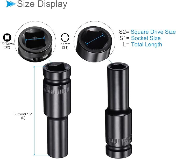 Deep Impact Socket, 12" Drive 11mm Socket, CR-V Steel Rounded Corner Design 6-Point Deep Impact Socket - (Applications: for Screw Installation and Removal)