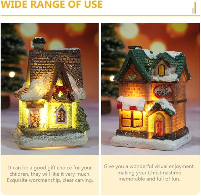 balacoo LED Lighted Christmas Village Houses: 4Pcs Mini Christmas Figurines Miniature Desktop Ornaments for Xmas Holiday Landscape Decor