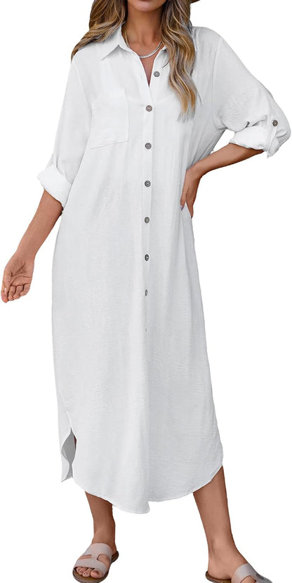 Bsubseach Swimsuit Coverup for Women Long Sleeve Button Down Casual Dresses | Long Kimonos Cardigans With Pockets?Summer Beach Cover Up Shirt For Vacation