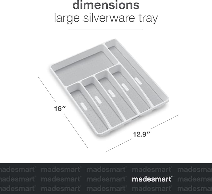 madesmart Classic Large Silverware Tray - White CLASSIC COLLECTION  6-Compartments Kitchen Drawer Organizer  Soft-Grip Lining and Non-Slip Rubber Feet  BPA-Free