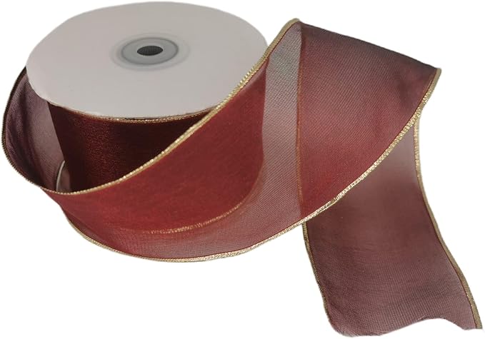 HATIANGE Burgundy Organza Wired Ribbon Gold Lurex Edge Sheer Ribbon, 2.5 Inch x 25 Yards, for Gift Wrapping DIY Xmas Tree Bows Wreaths Craft Decoration
