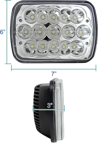 Spec-D Tuning 7"X6" H4 15 LED Light Bulb Clear Sealed Beam Headlight IP67 Head Light Assembly