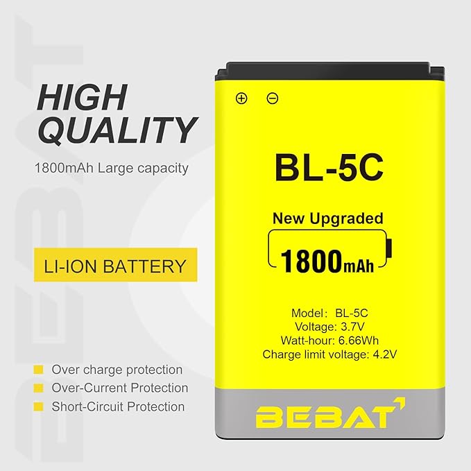 (2 Pcs) BL-5C Battery, 3.7V 1800mAh Rechargeable BL-5C Battery Suitable for Household Radio, Nokia with Current Protection