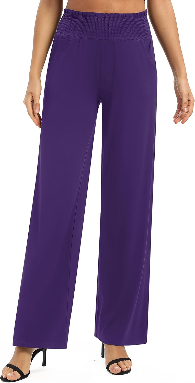 Urban CoCo Womens High Waist Flowy Palazzo Pants Elastic Waist Wide Leg Stretchy Straight Leg Dressy Casual Lounge Trousers