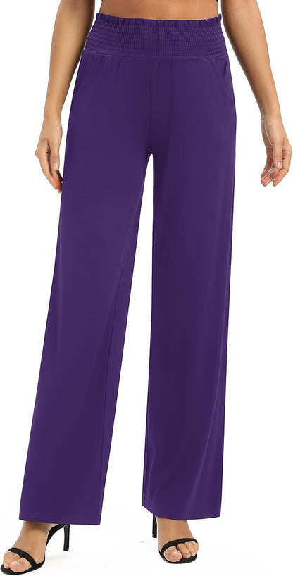 Urban CoCo Womens High Waist Flowy Palazzo Pants Elastic Waist Wide Leg Stretchy Straight Leg Dressy Casual Lounge Trousers
