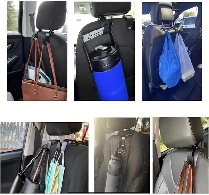 2 Car Seat Hooks Hanger Hooks - 2pc Headrest Hook Organizer in Black Metal - for Organizing Items on Car Seat