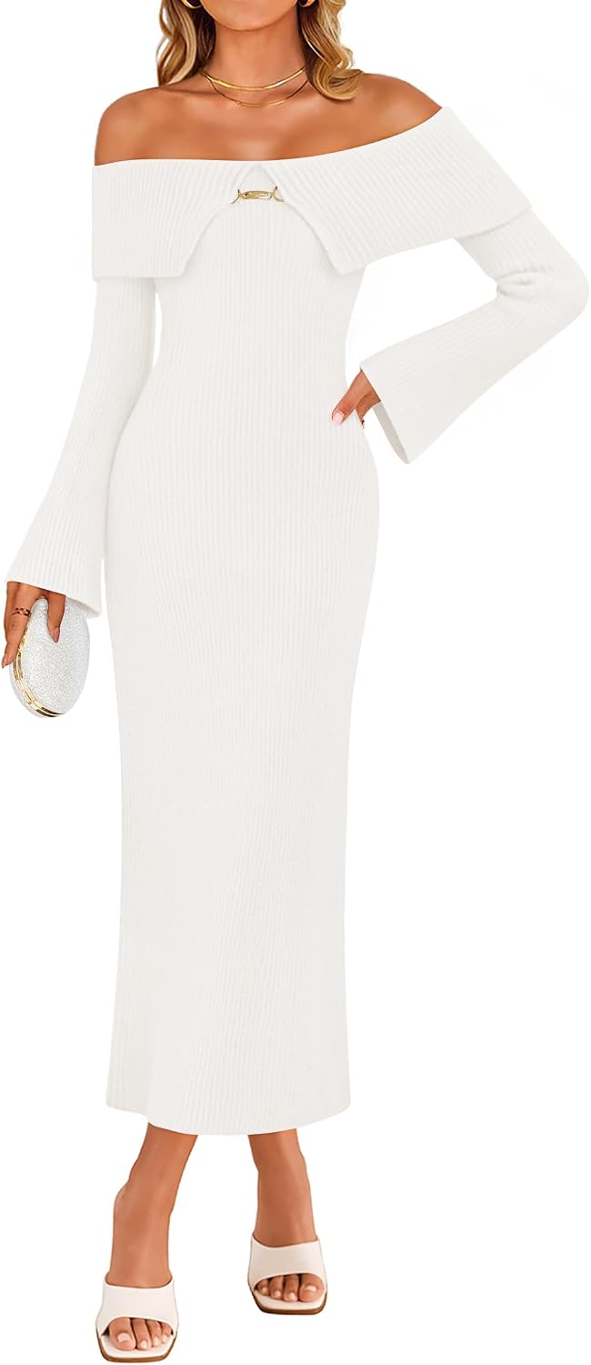Women's Fall Off Shoulder Sweater Dress 2025 Bell Long Sleeve Ribbed Knit Bodycon Formal Maxi Dresses
