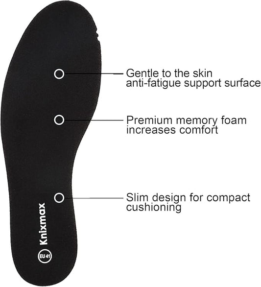 Knixmax Memory Foam Insoles for Men, Super Soft Shoe Inserts for Sneakers Slippers Boots Liners Replacement Inner Soles, Cushioned Flat Shoe Pads Black EU 44