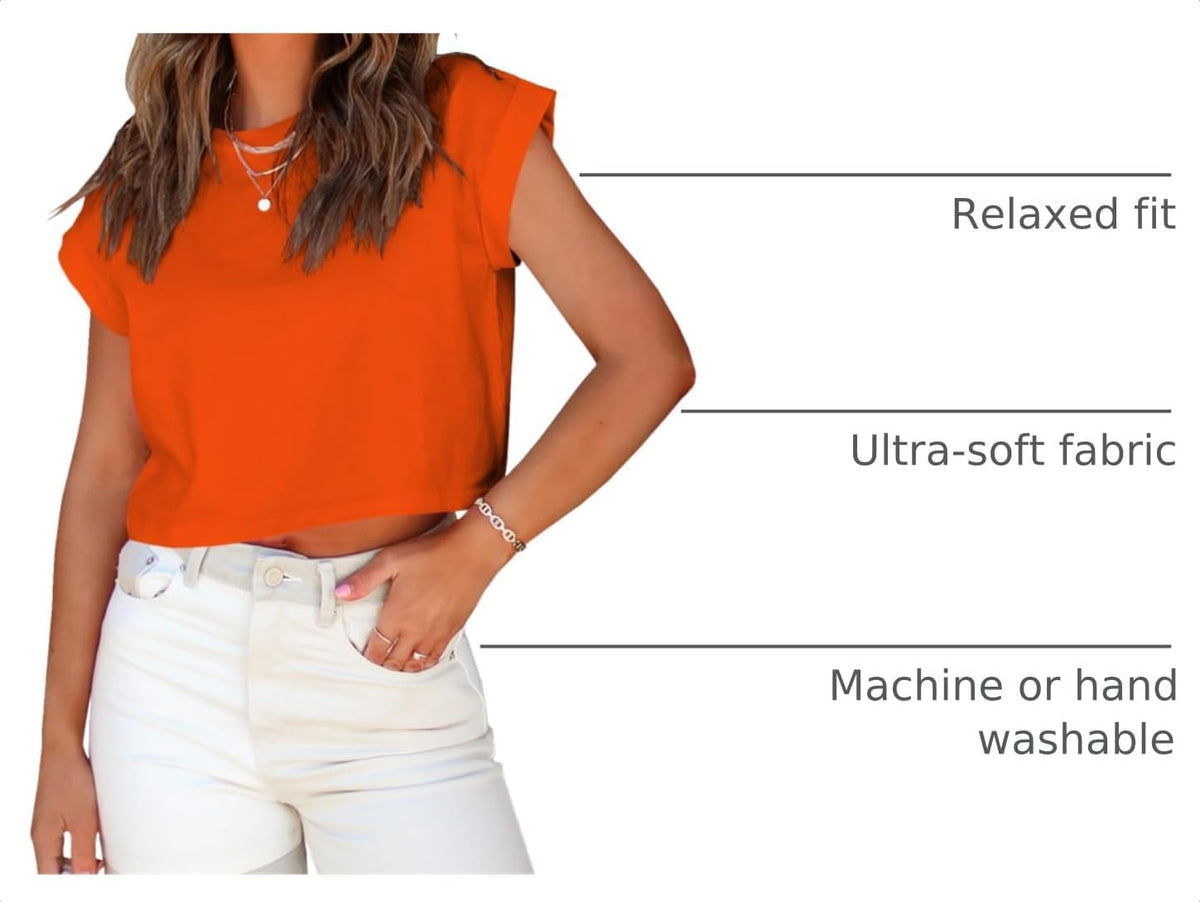 Tankaneo Womens Short Sleeve Cropped T-Shirts Summer Rolled Dolman Sleeve Crop Tops Casual Round Neck Solid Short Basic Tees