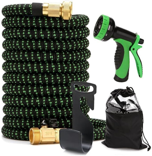 MQUAD Ultimate Expandable Garden Hose - Heavy Duty, Tangle-Free, Flexible with 10-Pattern Spray Nozzle, Solid Brass Connectors, 4-Layer Latex Core, Storage Bag, and Holder (Black/Green, 50FT)