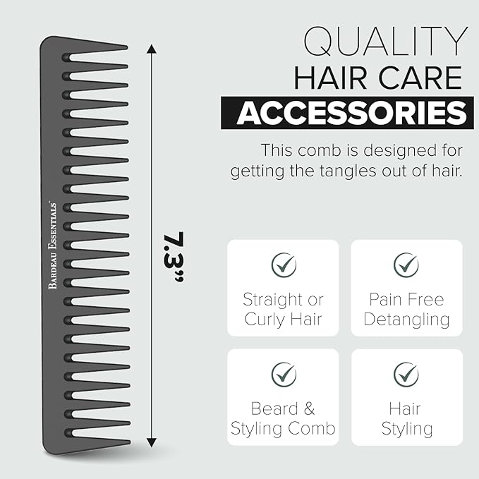 Black Carbon Wide Tooth Comb for Curly and Straight Hair (7 inch) - Professional Detangling Comb for Men & Women - Detangler Big Tooth Comb for Curls and Wet Hair - Large Barber Comb for Hair Styling