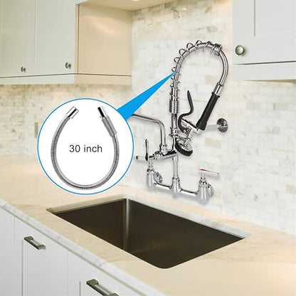 Pre Rinse Faucet 30 Inch Stainless Steel Sprayer for Commercial Kitchen Sink, 1.42 GPM Dish Spray Hose Replacement Kit