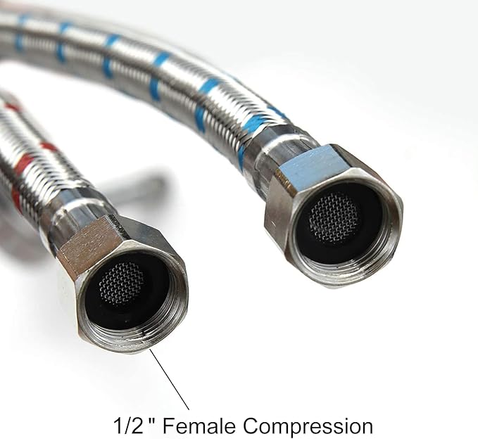 32-Inch Long Bathroom Kitchen Faucet Connector Braided Stainless Steel Faucet Supply Lines 1/2-Inch Female Compression Thread x M10 Male Connector, x 2 Pcs (1 Pair)